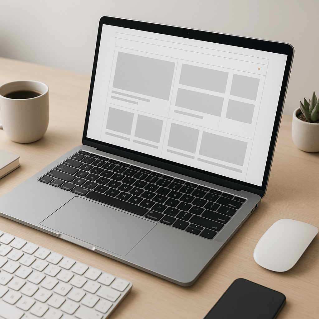 Modernes Webdesign-Studio mit Laptop und Layout-Entwurf